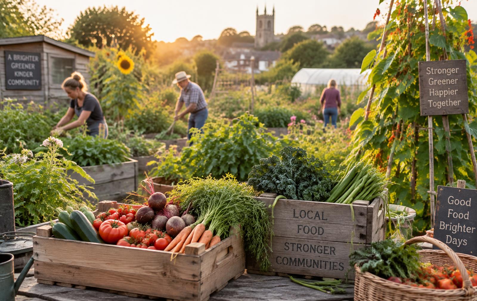 Growers tending raised beds at a community allotment with crates of fresh vegetables